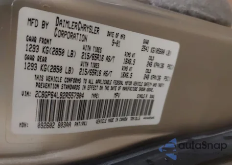 2002 Chrysler Town & Country Limited z USA, uszkodzony, nr VIN 2C8GP64L92R557904